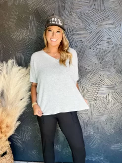 Going To Town V Neck Knit Top- Grey