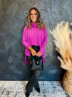 Tranquil Retreat Mock Neck Sweater- Magenta