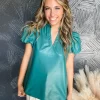 Date Night Leather V Neck Puff Sleeve Top
