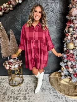 Fashion Clothing Store 17 Word To The Wise Checkered Half Sleeve Dress- Burgundy