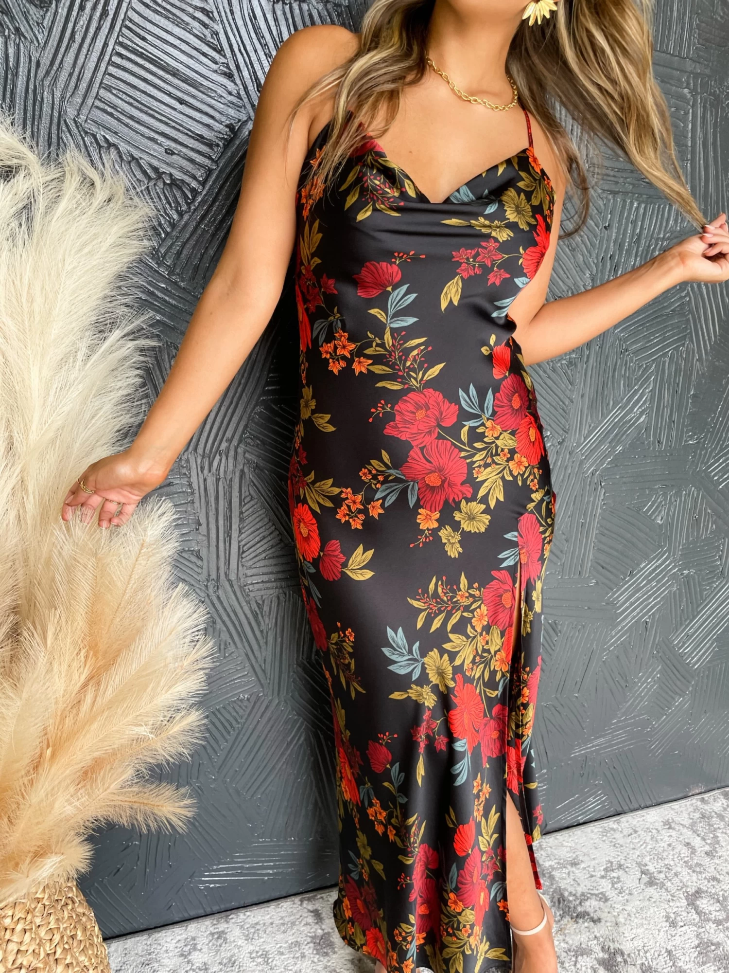 Date Night Floral Satin Split Dress- Black 2 Date Night Floral Satin Split Dress- Black - Image 2