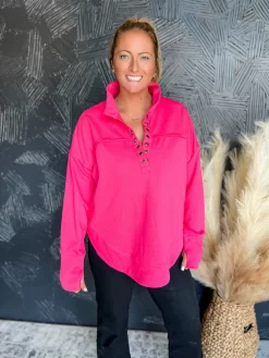 It's My Call Curved Hem Pullover- Fuchsia