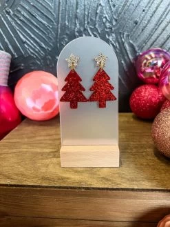 Red/Gold Star- Christmas Tree Dangle Earrings