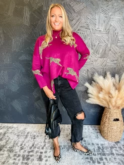 Wild Cheetah Mock Neck Side Slit Sweater- Plum