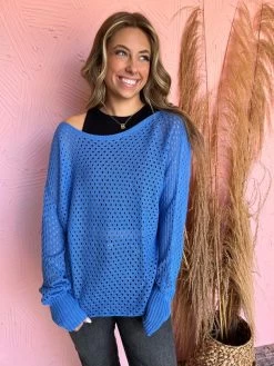 Enjoy The View Eyelet Sweater- Denim -Fashion Clothing Store 25e6173dc2cc071d54f15e123b4bfdd0