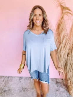 Keep Close Bamboo V Neck Top- Dusky Blue -Fashion Clothing Store 26581cdf419cad92a5af65b9325d306a scaled