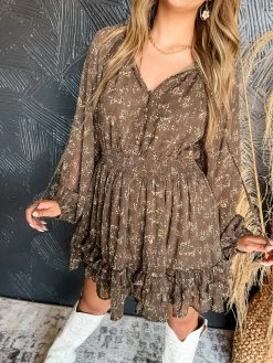 My Current Mood V Neck Printed Dress- Mocha