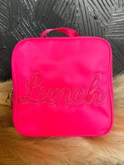 Embroidered Nylon Lunch Tote - Hot Pink