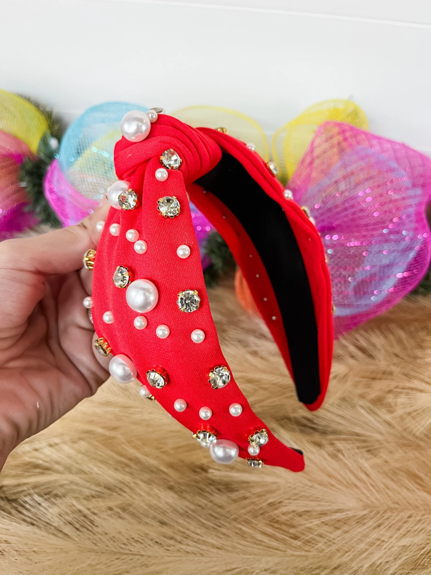 Christmas Stone Pearl Headband- Pearl- Rhinestone- Red 1 Christmas Stone Pearl Headband- Pearl- Rhinestone- Red