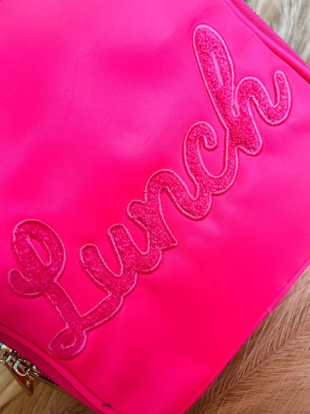 Embroidered Nylon Lunch Tote - Hot Pink 2 Embroidered Nylon Lunch Tote - Hot Pink - Image 2