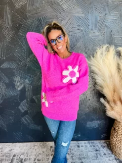 Close To Home Flower Sweater- Hot Pink/Ivory