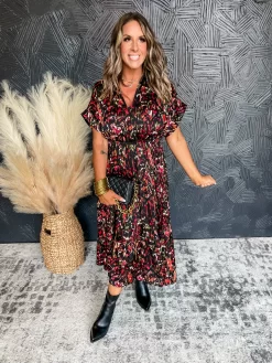 Garden Charms Satin Printed Maxi Dress- Black