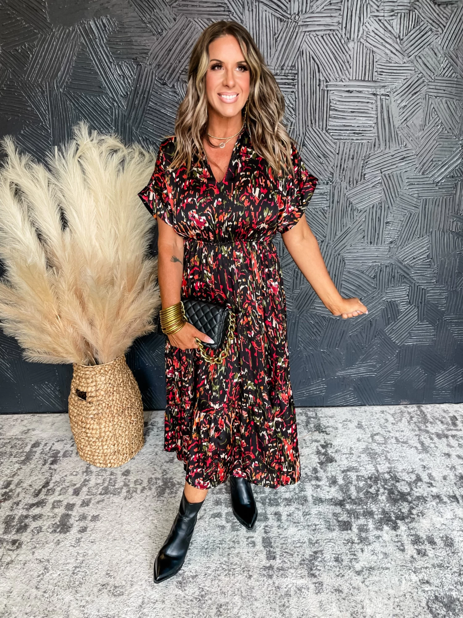 Garden Charms Satin Printed Maxi Dress- Black 1 Garden Charms Satin Printed Maxi Dress- Black