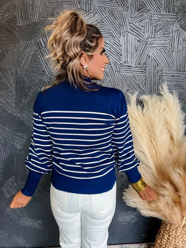 The Sweetest Thing Mock Neck Stripe Knit Sweater- Navy 3 The Sweetest Thing Mock Neck Stripe Knit Sweater- Navy - Image 3