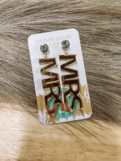 "MRS" Gold CZ Top Bridal Earrings