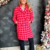 Girl With A Long Jacket Oversized Tweed Button Coat- Pink/Red