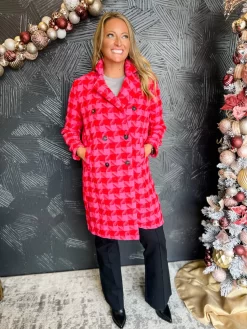 Girl With A Long Jacket Oversized Tweed Button Coat- Pink/Red