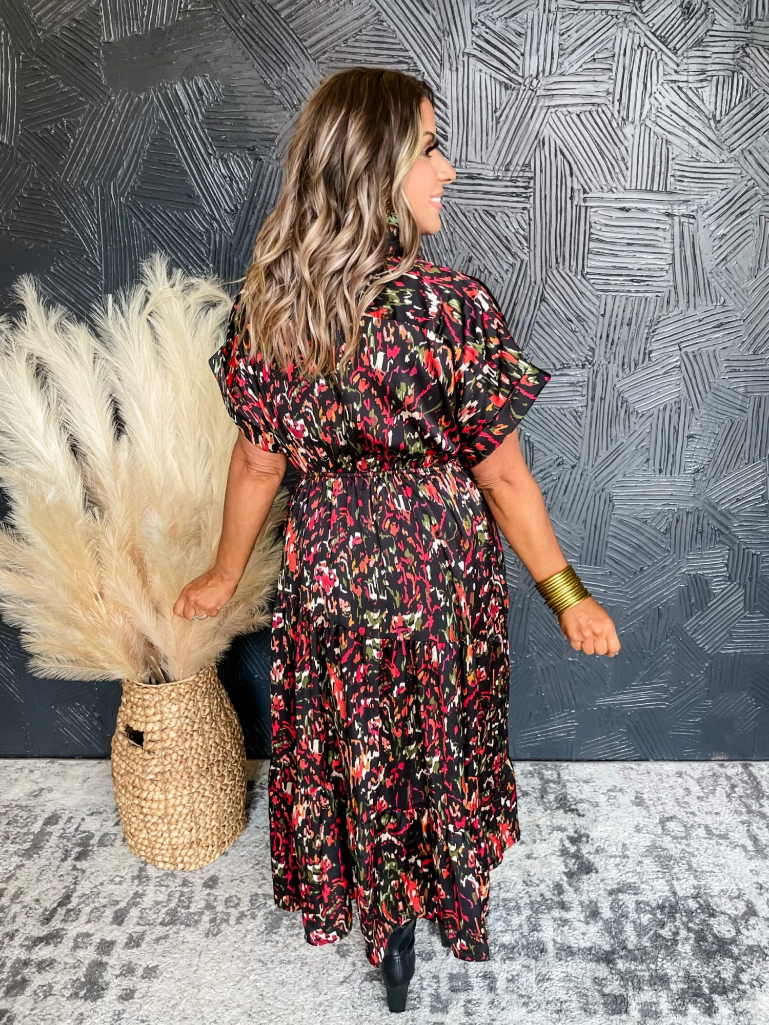 Garden Charms Satin Printed Maxi Dress- Black 3 Garden Charms Satin Printed Maxi Dress- Black - Image 3