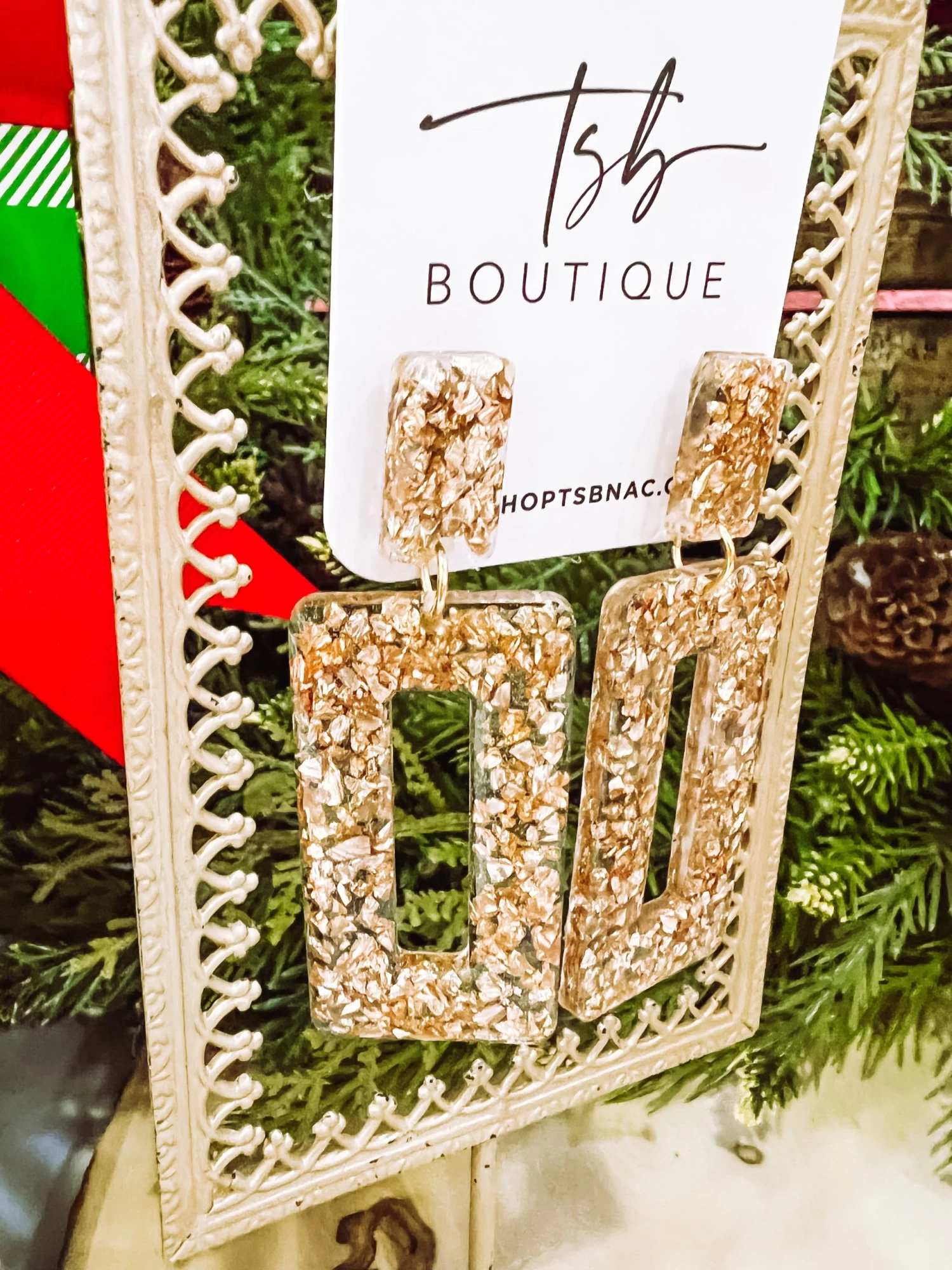 Glitter Open Rectangle Earrings- Gold Crushed Glass 2 Glitter Open Rectangle Earrings- Gold Crushed Glass - Image 2