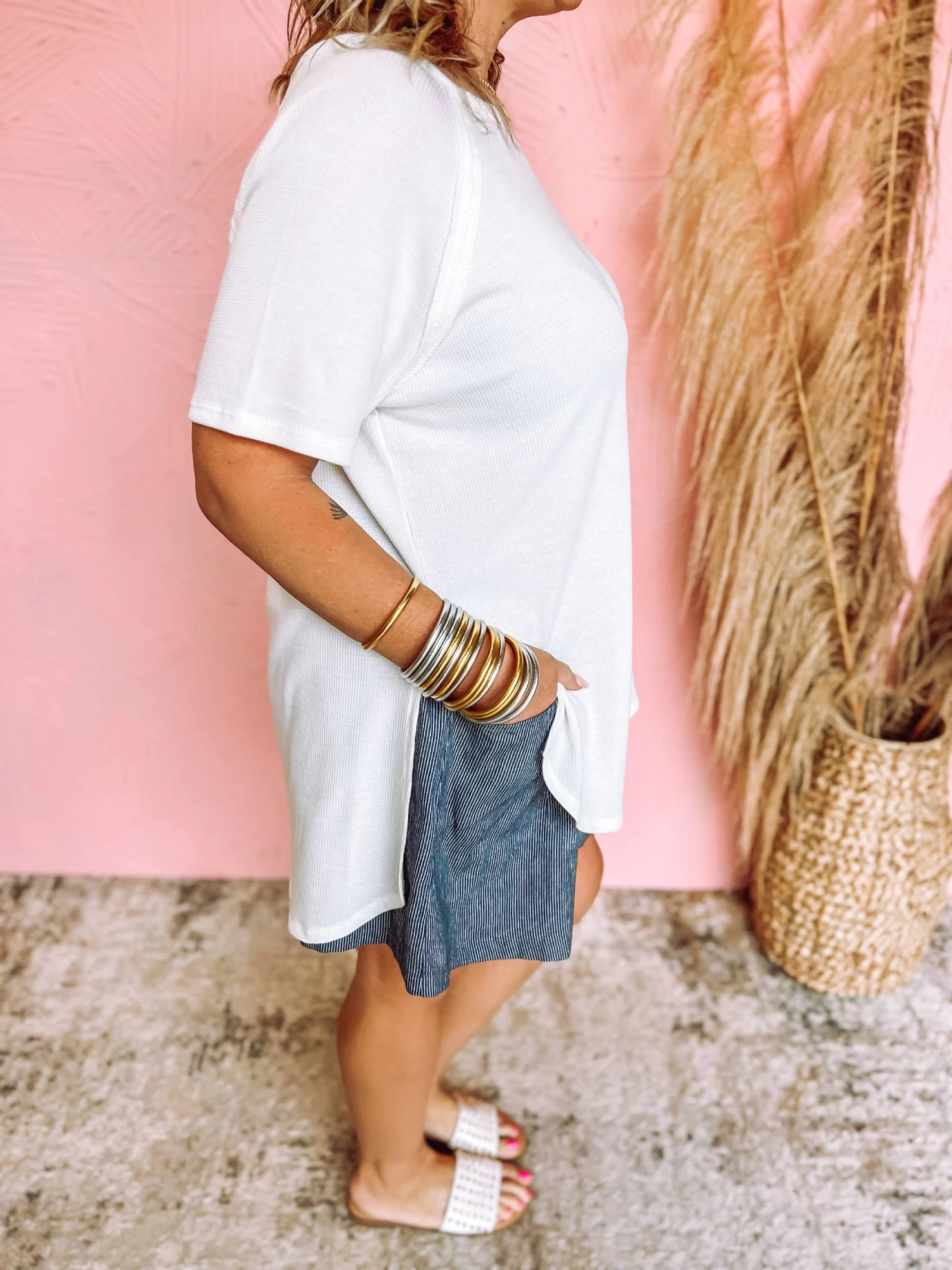 Ivory Waffle Knit Side Slit Top 4 Ivory Waffle Knit Side Slit Top - Image 4