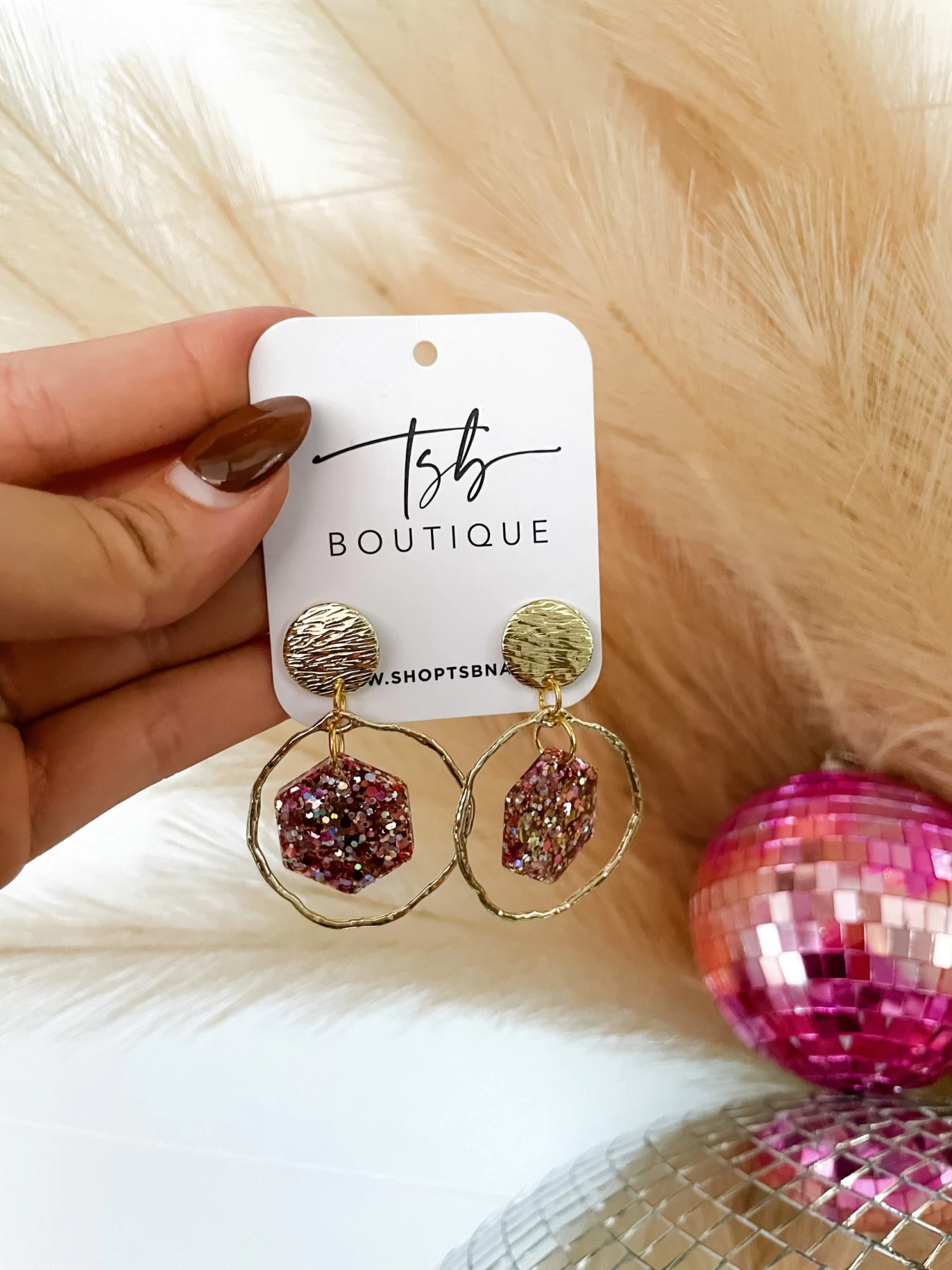 Open Circle W/Hexagon Dangle Earrings- Rose Gold 2 Open Circle W/Hexagon Dangle Earrings- Rose Gold - Image 2