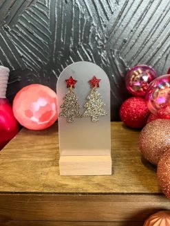 Gold/ Red Star- Christmas Tree Dangle Earrings