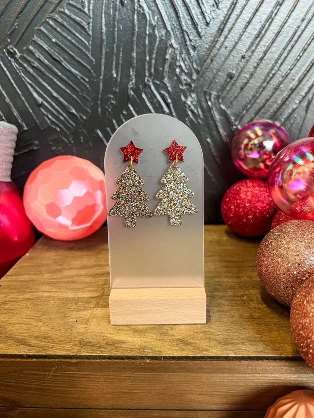 Gold/ Red Star- Christmas Tree Dangle Earrings 1 Gold/ Red Star- Christmas Tree Dangle Earrings