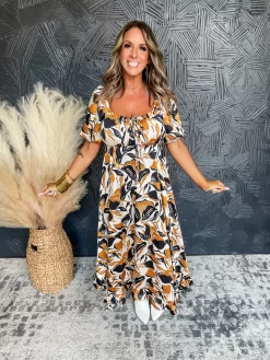 Flourishing Beauty Leaf Print Midi Dress