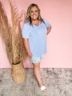 Keep Close Bamboo V Neck Top- Peri Blue