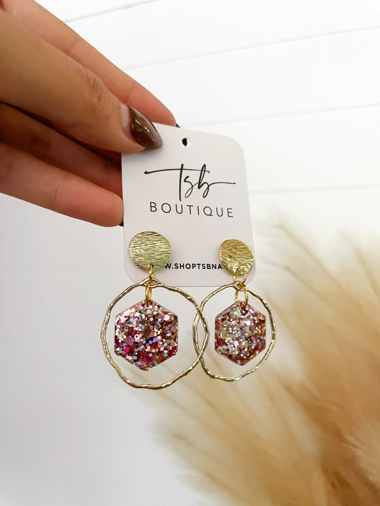 Open Circle W/Hexagon Dangle Earrings- Rose Gold 1 Open Circle W/Hexagon Dangle Earrings- Rose Gold