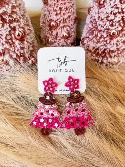 Pink Cowgirl Christmas Tree Beaded Earrings