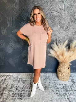 Fashion Clothing Store 5 Be The Light Ribbed Pocket Dress- Peanut Butter