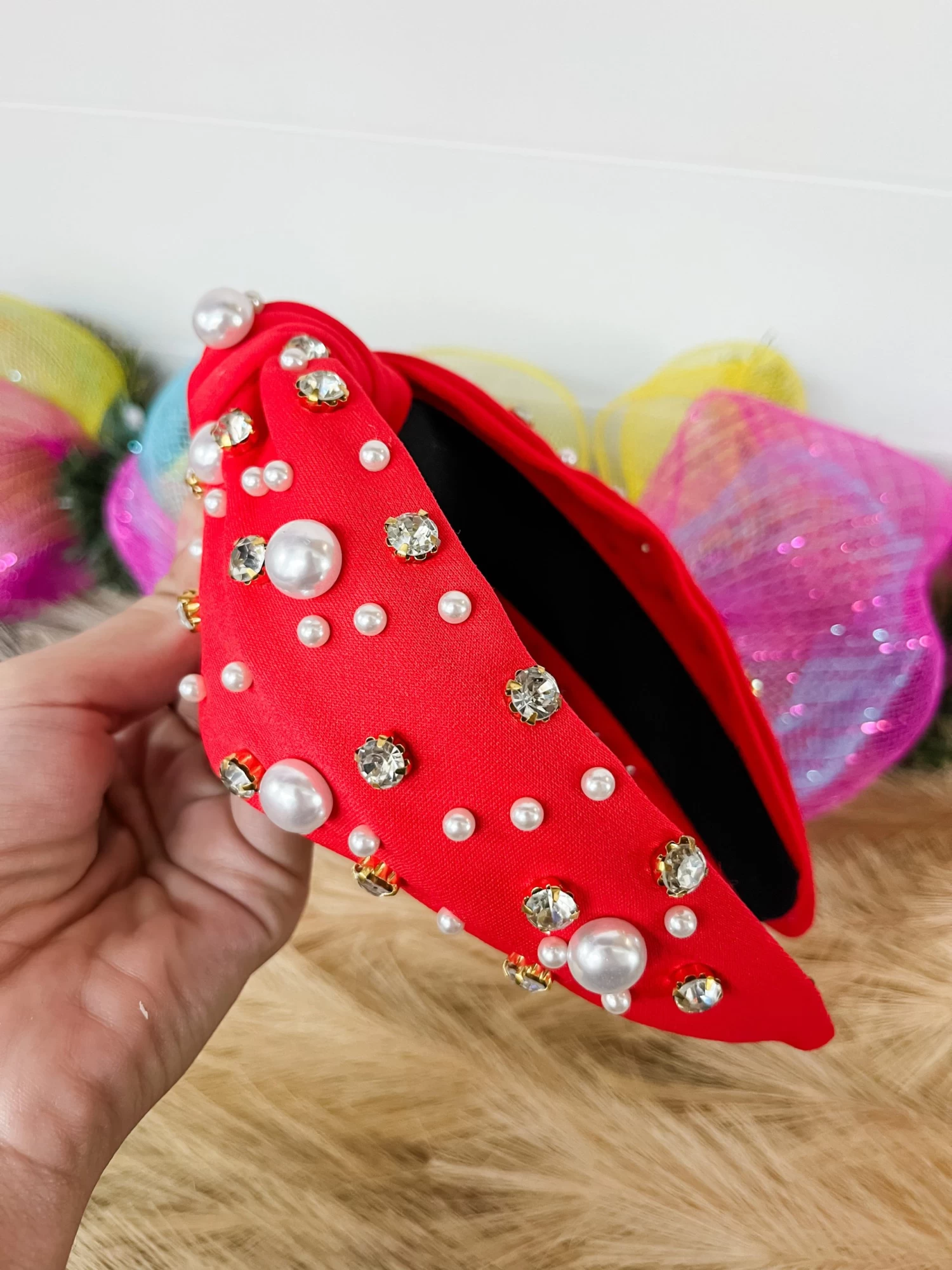 Christmas Stone Pearl Headband- Pearl- Rhinestone- Red 2 Christmas Stone Pearl Headband- Pearl- Rhinestone- Red - Image 2