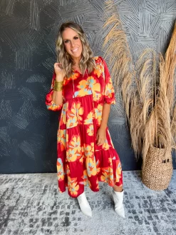 Our Love Story Satin Floral Midi Dress- Rouge