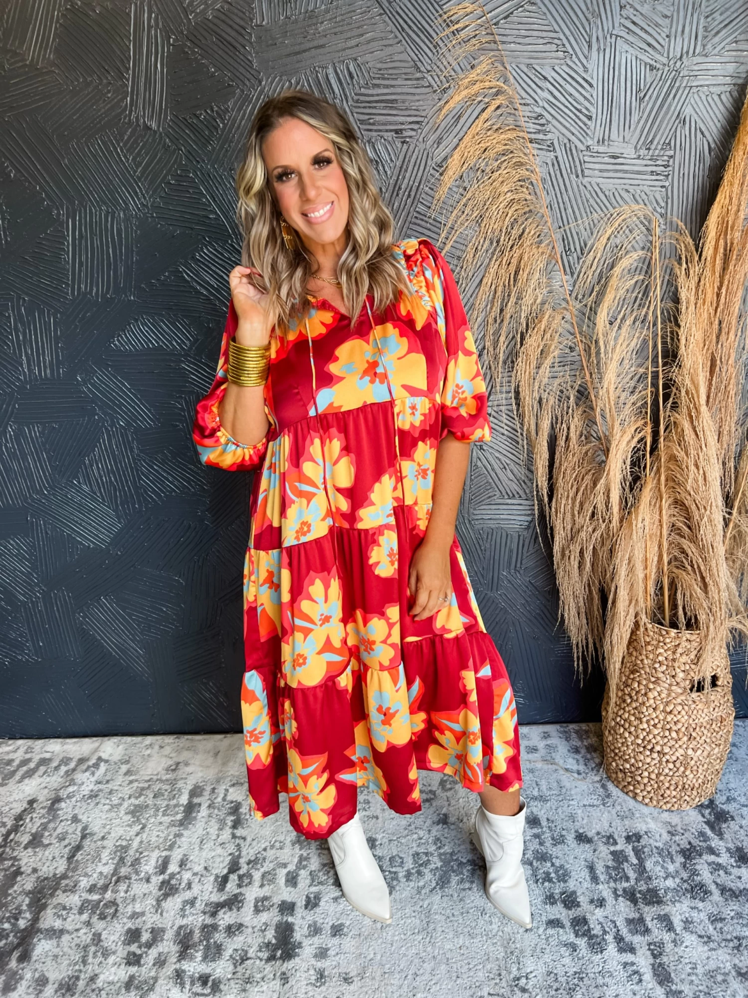 Our Love Story Satin Floral Midi Dress- Rouge 1 Our Love Story Satin Floral Midi Dress- Rouge