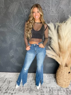 Showstopper Rhinestone Fishnet Top- Black