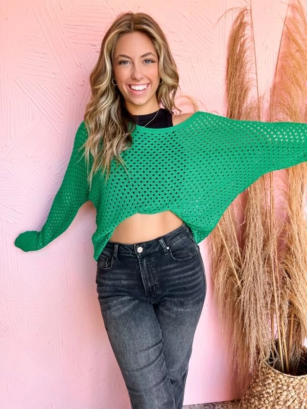 Enjoy The View Eyelet Sweater- Kelly Green 2 Enjoy The View Eyelet Sweater- Kelly Green - Image 2