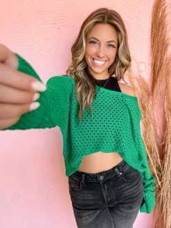Enjoy The View Eyelet Sweater- Kelly Green 9 Enjoy The View Eyelet Sweater- Kelly Green -Fashion Clothing Store IMG 1221