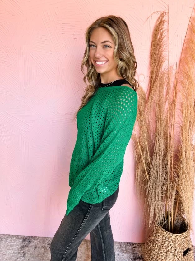 Enjoy The View Eyelet Sweater- Kelly Green 5 Enjoy The View Eyelet Sweater- Kelly Green - Image 5