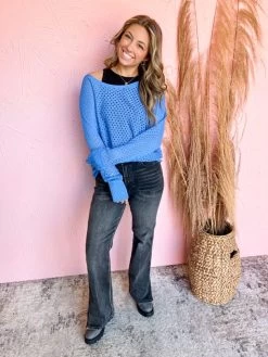 Enjoy The View Eyelet Sweater- Denim