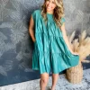 Teal Cap Sleeve Leather Tiered Dress