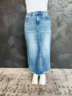 Out Of Reach Frayed Denim Skirt- Medium Wash