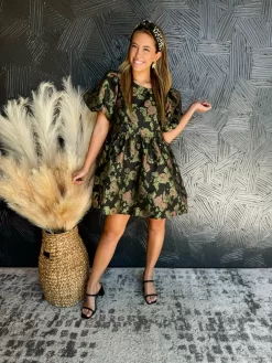 Bringing Art To Life Jacquard Puff Sleeve Dress