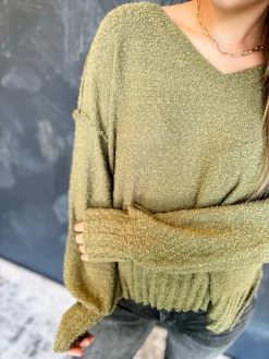 Perfect Combo Popcorn V Neck Sweater- Olive -Fashion Clothing Store IMG 6233 Original scaled