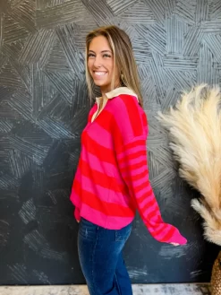 Calling The Shots Striped Pullover- Hot Pink/Orange -Fashion Clothing Store IMG 6275 Original scaled