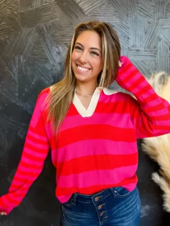 Calling The Shots Striped Pullover- Hot Pink/Orange -Fashion Clothing Store IMG 6280 Original scaled