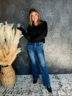 Living Life To The Fullest Mock Neck Wide Collar Henley Top- Black