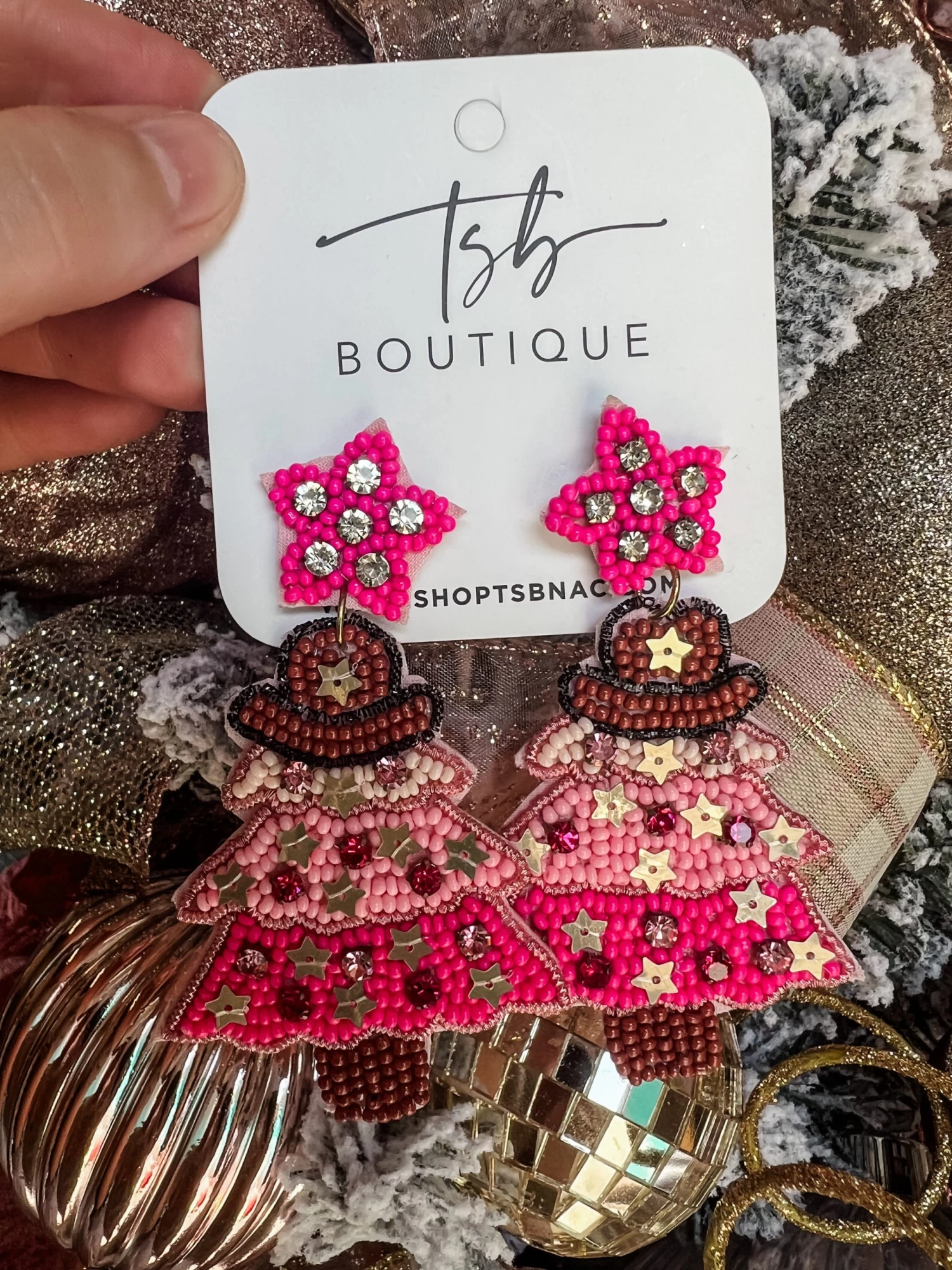 Pink Cowgirl Christmas Tree Beaded Earrings 2 Pink Cowgirl Christmas Tree Beaded Earrings - Image 2