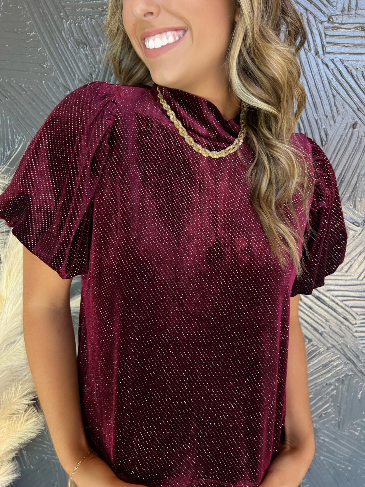 Wine Night Velvet Glitter Puff Sleeve Top 4 Wine Night Velvet Glitter Puff Sleeve Top - Image 4