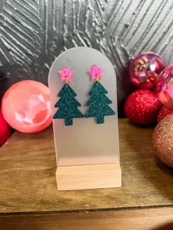 Turquoise/Pink Star- Christmas Tree Dangle Earrings